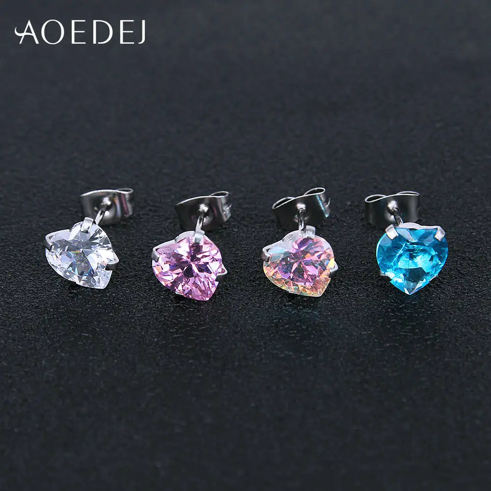 AOEDEJ 3-8mm Gold Color Star Earrings Stud Stainless Steel Stud Crystal Earrings Pink For Women Girls Heart Earrings Colored