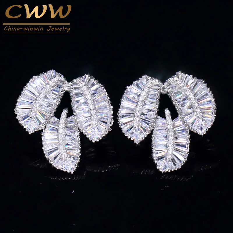 CWWZircons New Arrival Top Quality Trapezoid Cubic Zirconia Stone Geometric Leaf Stud Earrings Fashion Jewelry For Women CZ074