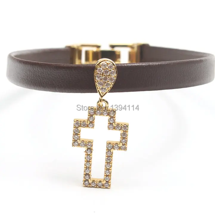 Micro Pave Clear CZ Cross Charm Bracelet Stringed Leather Cord Fold Over Clasp Approx 6-8 Inches