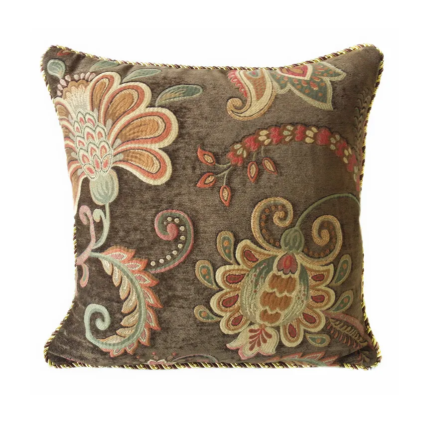 Deluxe High Quality Soft Brown Floral Jacquard Woven Chenille Pillow Case Decorative Cushion Cover 45x45 cm Rope Pipping Pillows