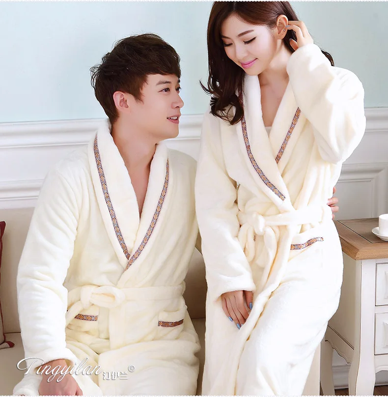 

Couples Coral Fleece Robe Girls Warm Flannel Pajamas Women Thickened Long Sleeve Bathrobe Men Coral Fleece Homewear D-2086