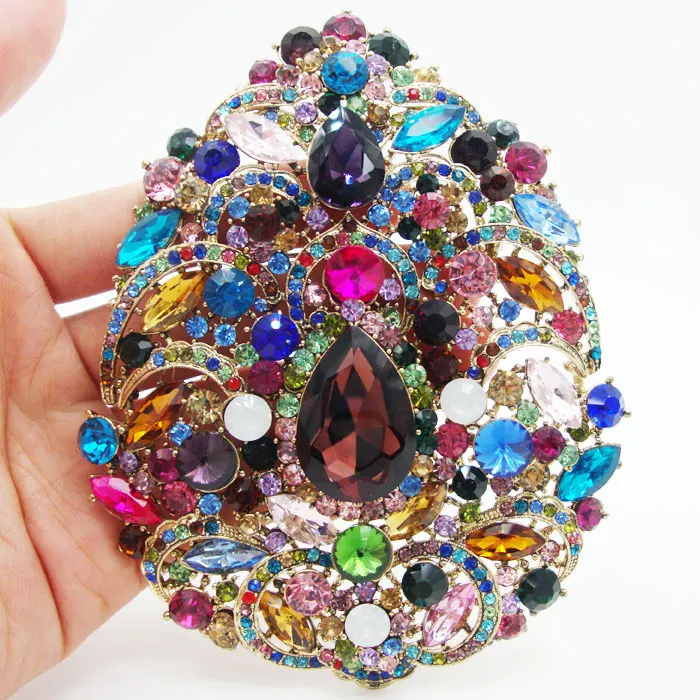 Huge Vintage Flower Drop Pendant Brooch Pin Multi-color Rhinestone Crystal