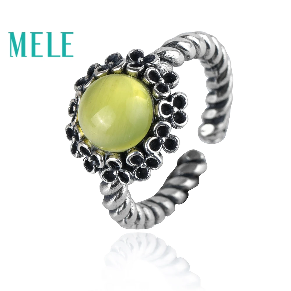 

Natural prehnite 925 sterling silver rings for women,8mm round cut flowers and hemp rope shape vintage carving style jewelry