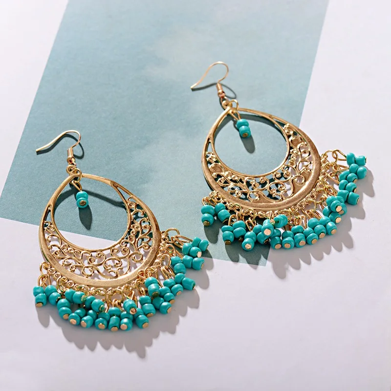 2019 New Fashion Imitation Gemstone Indian Earring Jewelry Vintage Hollow Beads Tassel Dangle Earrings Bijoux E049