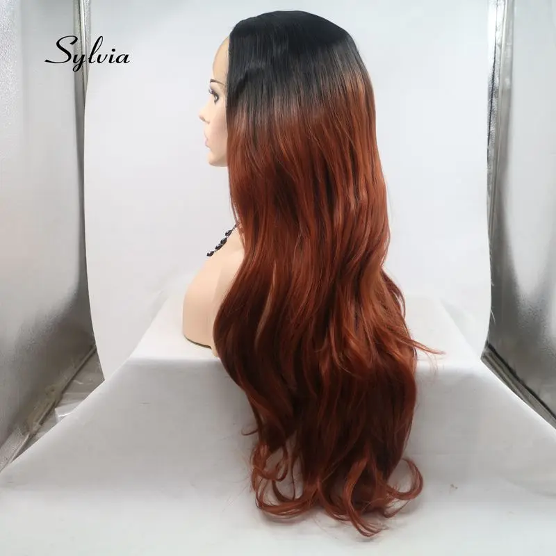 Sylvia Black To Brown Red Ombre Natural Wave Hair Synthetic Lace Front Wigs Long Wavy Wigs Heat Resistant Hair Wigs