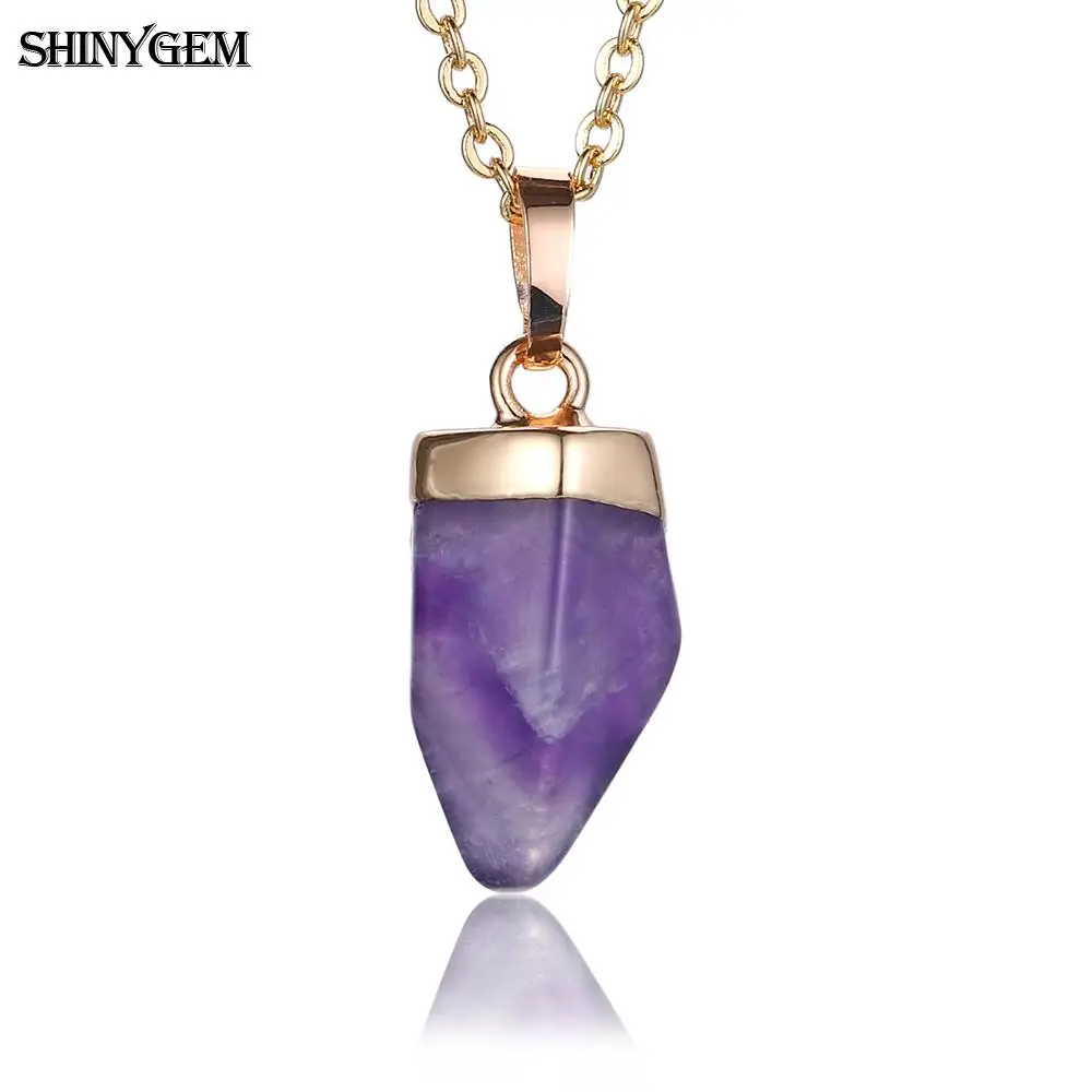 

ShinyGem Big Amethysts Pendant Necklace Gold Plating Purple Crystal Quartz Necklaces Reiki Chakra Birthstone Necklaces For Women
