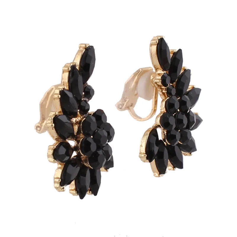 Grace Jun New Vintage Black Crystal Wing Shape Clip on Earrings No Pierced for Women Party Wedding Ear Clip Christmas Gift
