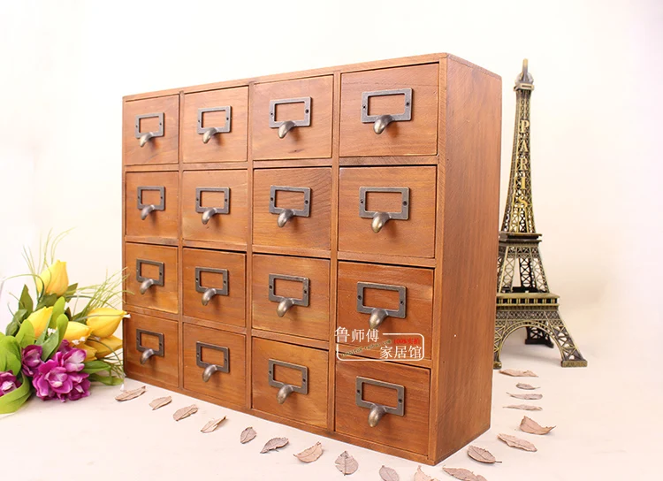 1PC Zakka 16 Lattice Desktop Drawer Storage Box Wooden Retro Creative Storage Cabinet Living Room Decoration Drawer JL 0900