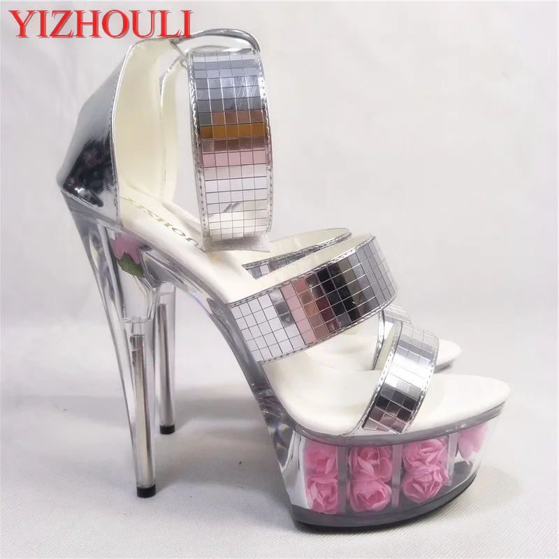 

6 inches transparent flower waterproof platform, 15 cm thin heel, sexy silver sequined heels, wedding party steel tube sandals