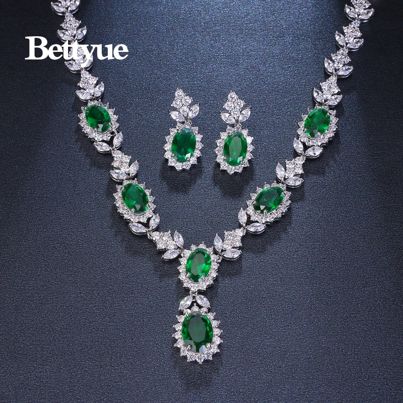 Bettyue Brand Charm Fashion Luxury Jewelry Sets AAA Zircon Green Geometric Florid Bridal Jewelry Set For Woman Wedding Gift