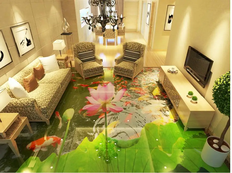 

Photo floor wallpaper 3d stereoscopic 3D floor painting lotus PVC waterproof floor Home Decoration