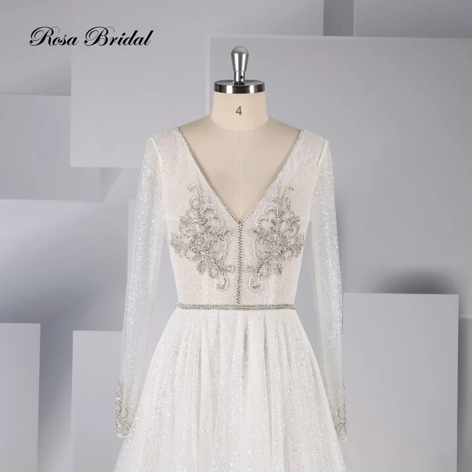 Rosabridal – robe de mariée ligne A, style bohémien, col en v, manches longues, mousseline de soie, perles, dos nu, avec queue de train court