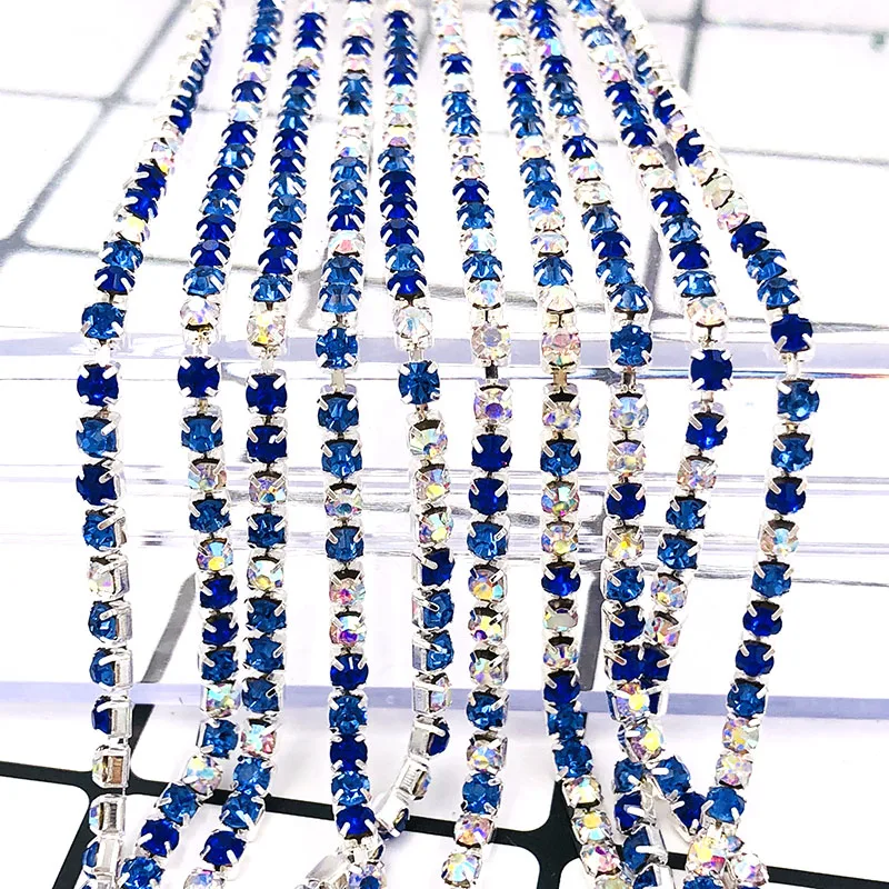 NEW hot 5 yards Royal blue/Light blue/WhiteAB 2mm-3mm silver base glass rhinestones cup chain diy hats/bags/clothing accessories