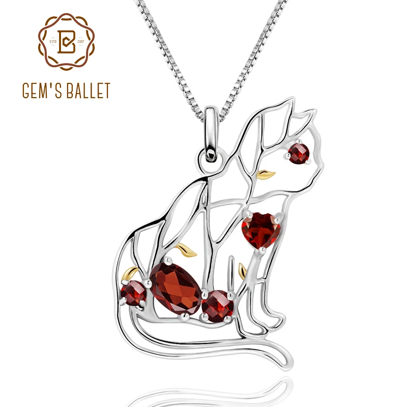

GEM'S BALLET Natural Red Garnet Gemstone Fine Jewelry 925 Sterling Silver Handmade Cat Shape Pendant Necklace For Women