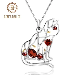 GEM'S BALLET Natural Red Garnet Gemstone Fine Jewelry 925 Sterling Silver Handmade Cat Shape Pendant Necklace For Women