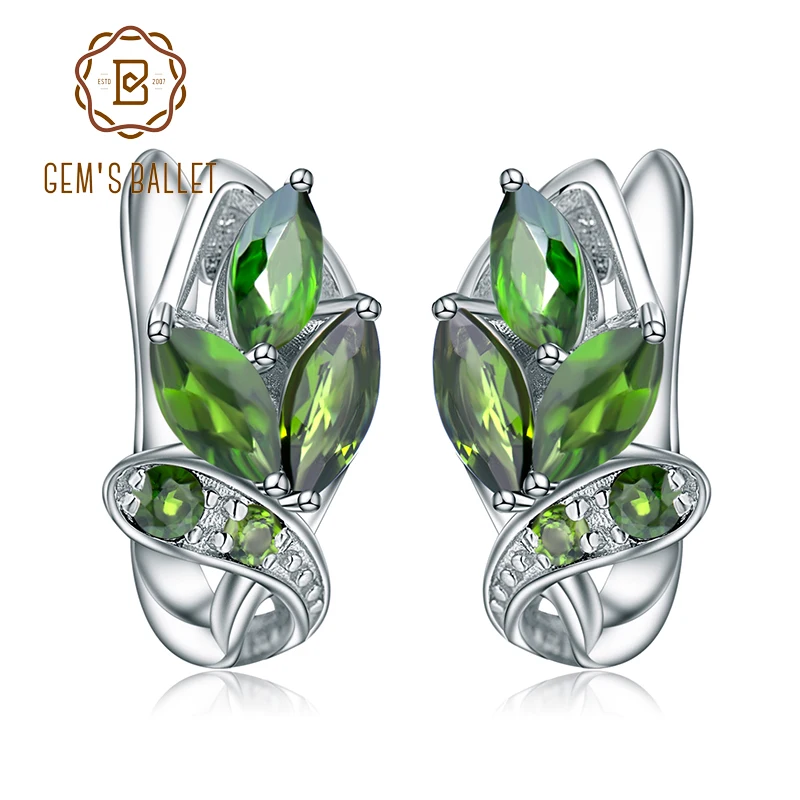 GEM'S BALLET 3.11Ct Natural Chrome Diopside Gemstone Stud Earrings 925 Sterling Silver Leaf Earrings for Women  Fine Jewelry