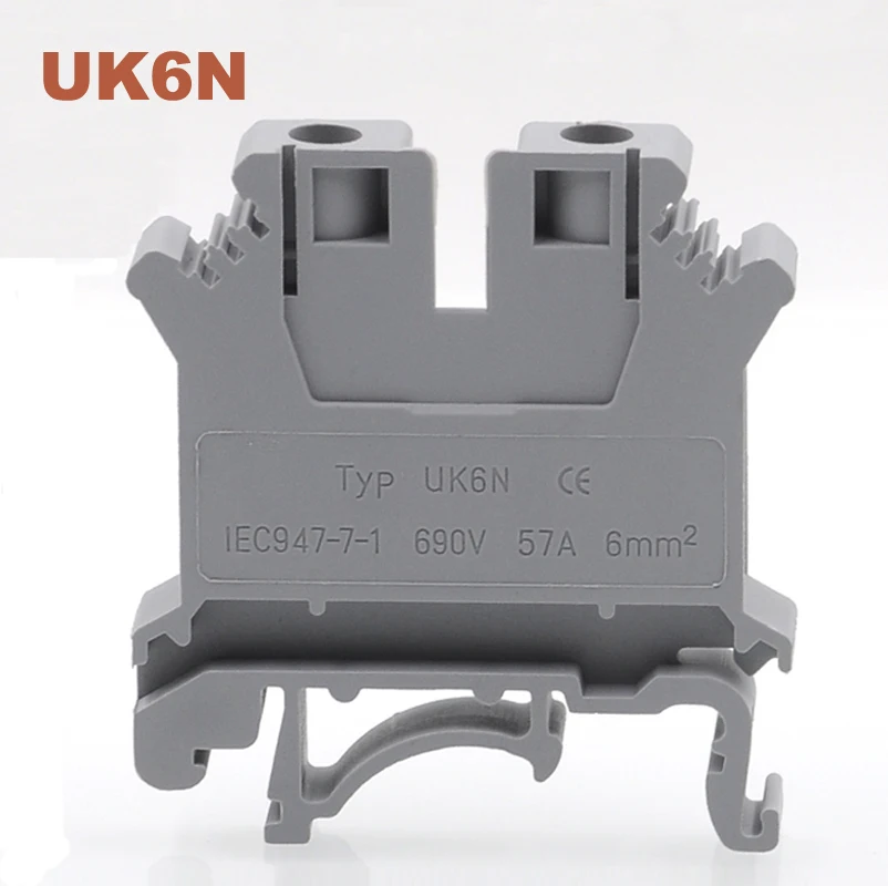 DIN Rail Mount Parafuso Bloco Terminal, fio elétrico, cabo de cobre Morsettiera Conectores, UK-6N, 10AWG, 57A, 6mm ², 2 Pcs, 5Pcs