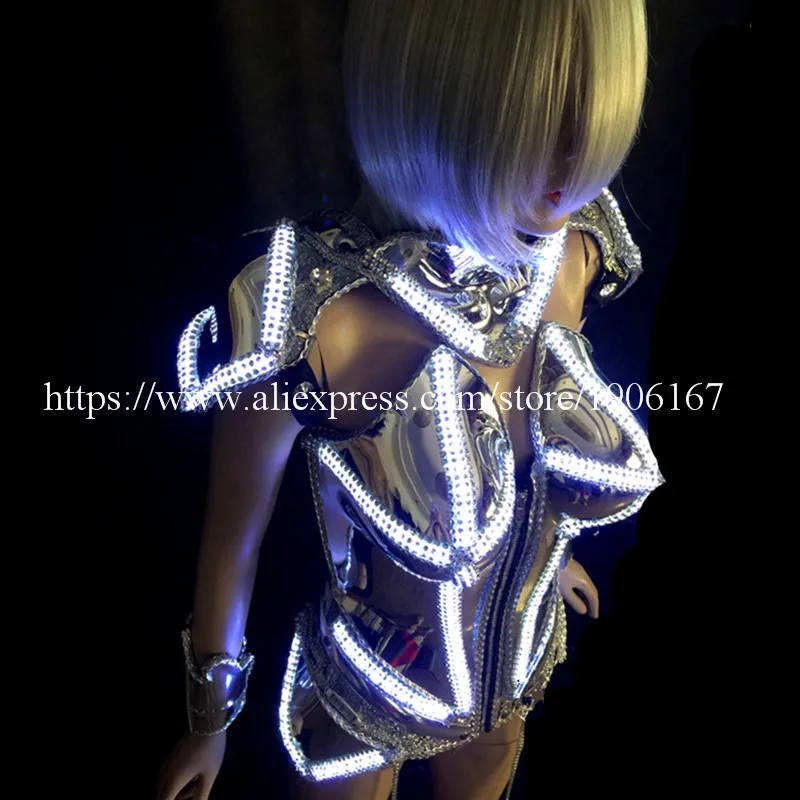 Led Luminous Female Armor Ballroom Sexy Costume Illuminate Silver Plated Bar Party Stage Evening Dress Clothes