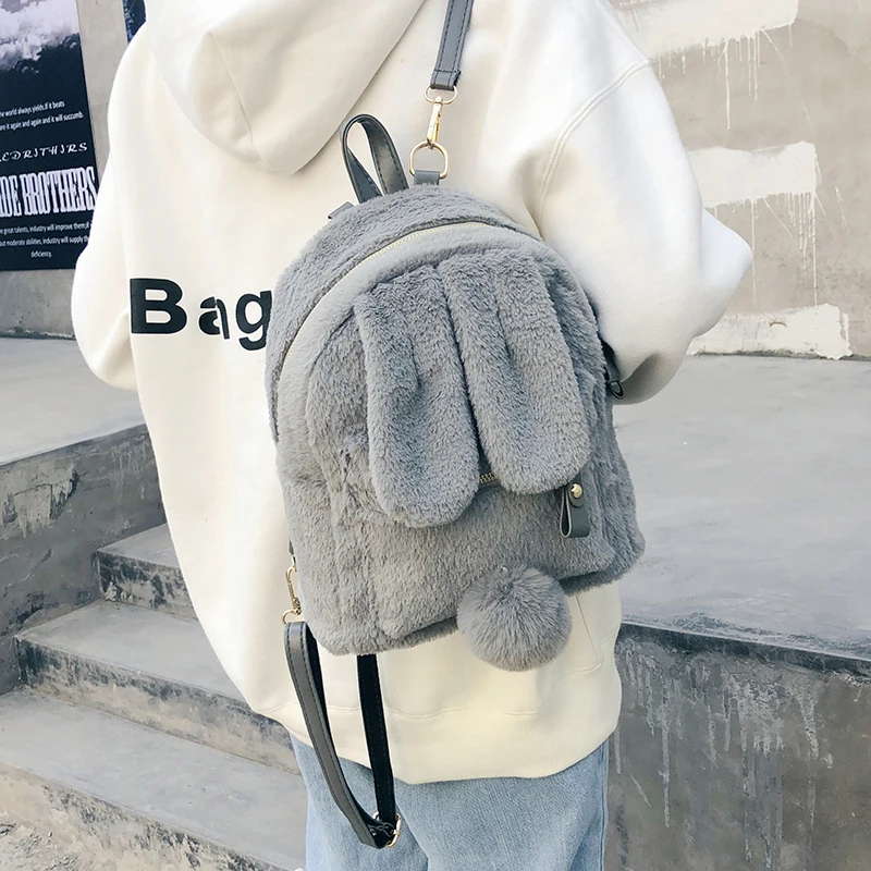 New Women Faux Fur Backpack Fur Double Shoulder Bag Chain School Bags For Teenager Girls Children Cute Rabbit Backpacks 494