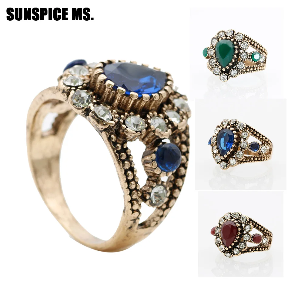 SUNSPICE MS. Turkish Vintage Ring For Women Wedding Jewelry Water Drop Resin Crystal Finger Rings Indian Retro Charm Bijoux Gift