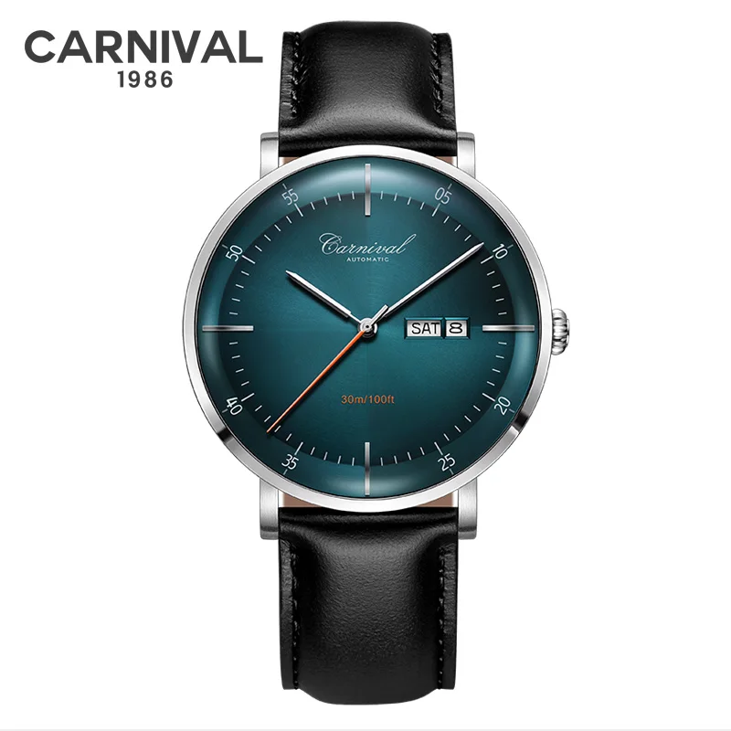 CARNAVAL Hoge kwaliteit MIYOTA automatisch horloge gebogen saffier mechanische horloges voor heren kalender leer waterdicht Montre Homme