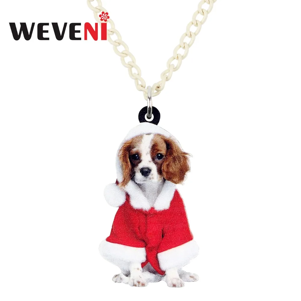 WEVENI Acrylic Cute Christmas Cavalier King Charles Spaniel Dog Necklace Pendant Chain Choker Bijoux Jewelry For Women Girls