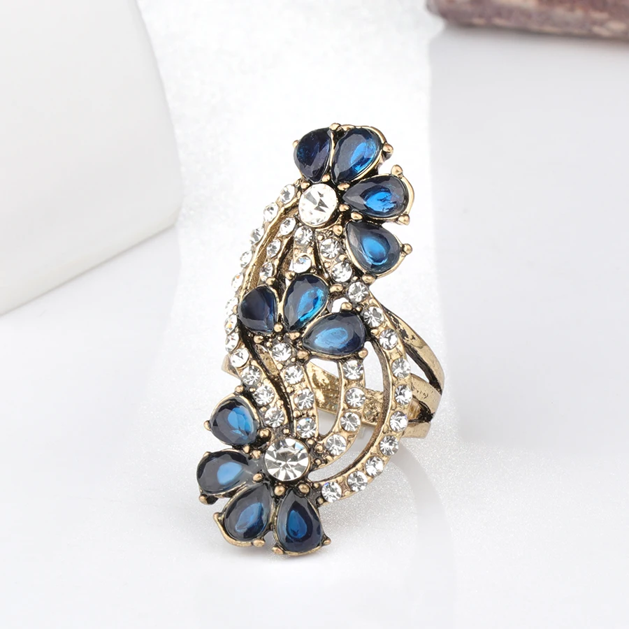 Kinel Blue Big Rings For Women Fashion Antique Gold Crystal Flower Vintage Jewelry Party Band Wedding Ring Accessories Gift