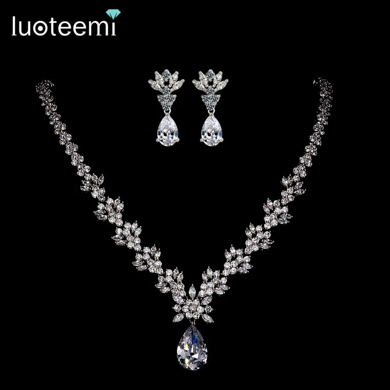 LUOTEEMI Style Arrive Fashion Pear Shape Crystal Zircon Wedding Jewelry Sets for Brides Luxury Bridal Necklace and Earrings Sets