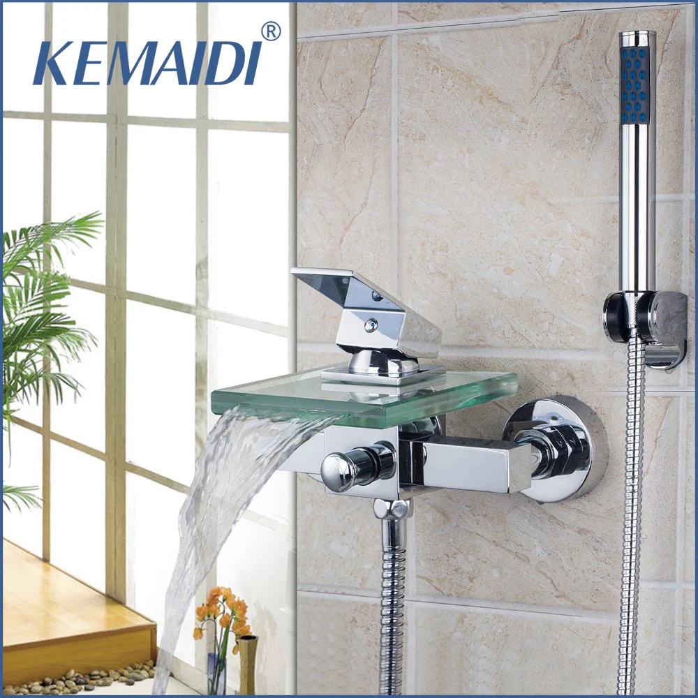 

KEMAIDI Bath & Shower Faucet Square Wall Mounted Waterfall Glass Spout Bathroom Bath Handheld Shower Tap Mixer Bathtub Faucets