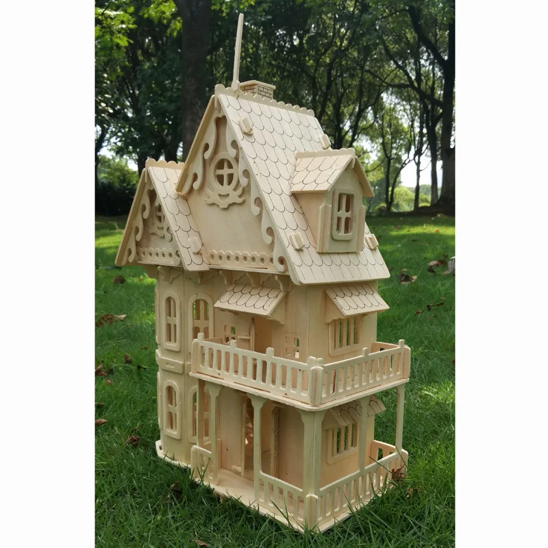 Wood 3D puzzle house DIY doll house villa model assembled miniature dollhouse Educational pretend play toys for children girls