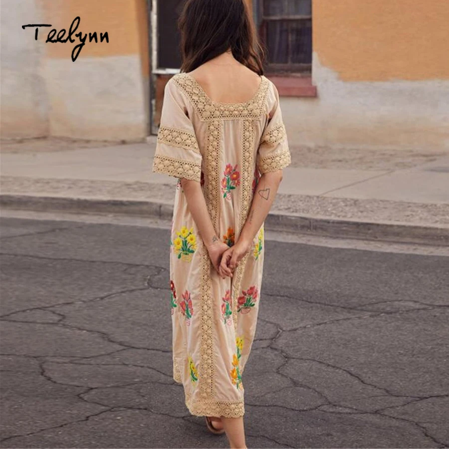 TEELYNN dài Boho Dress 2018 mới Cotton thêu hoa Cổ Vuông Nữ tay ngắn mùa thu áo chia ren nữ váy áo dây