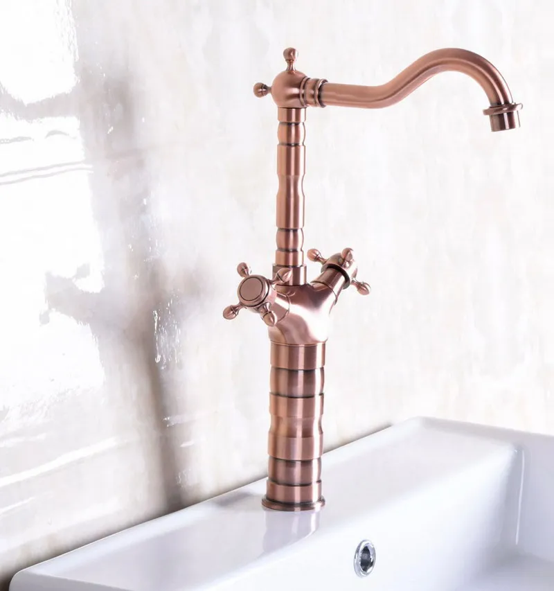 Antique Red Copper Brass Dual Cross Handles Bathroom Kitchen Basin Sink Faucet Mixer Tap Swivel Spout Deck Mounted mnf127