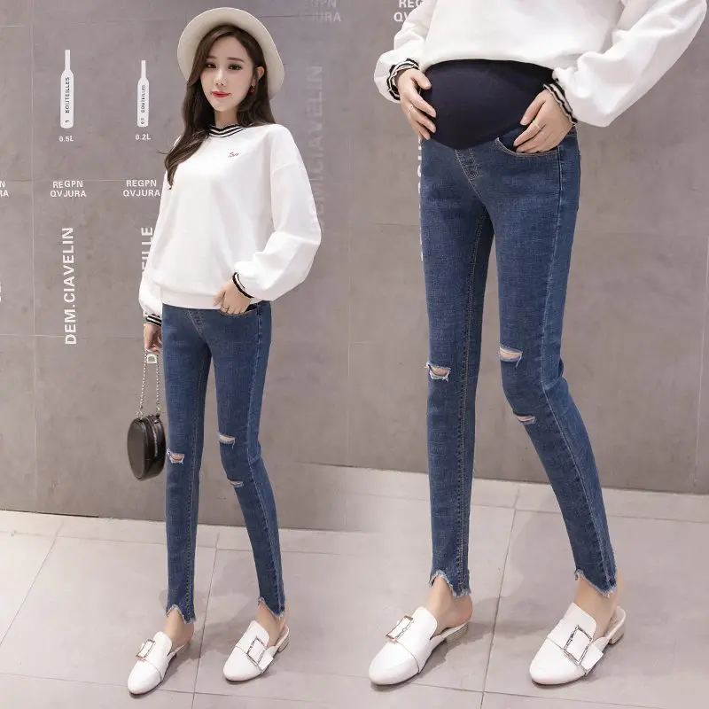 New maternity pants thin section trousers hole pregnant women high and low waist jeans maternity dress