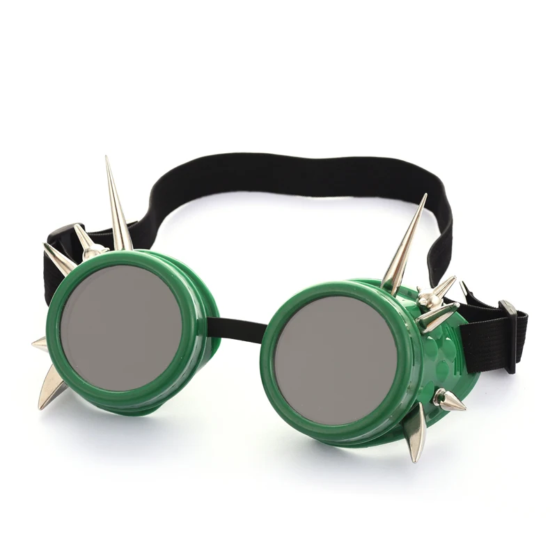 

Steampunk Green Goggles Silver Spikes Rivet Eyewear Punk Vintage Glasses Welding Cosplay Gothic Accessories for Halloween Party