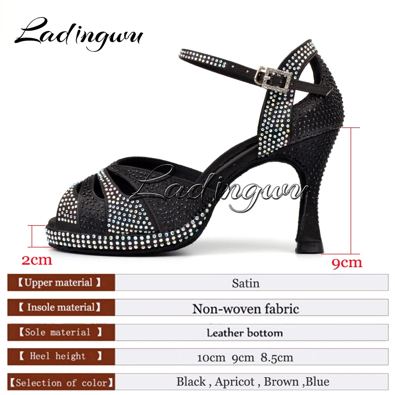 Chaussures de brevLatine pour Femme, Plateforme Haute, Strass Pailletés, Satin, Sandales de Salle de Bal, Talons Hauts, Noir, 9cm