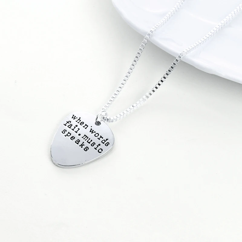 High Quality Letter Pendant Choker When  Words Fail Music Speaks Silver Necklace Guitar Pick collier femme jewelry collier anime