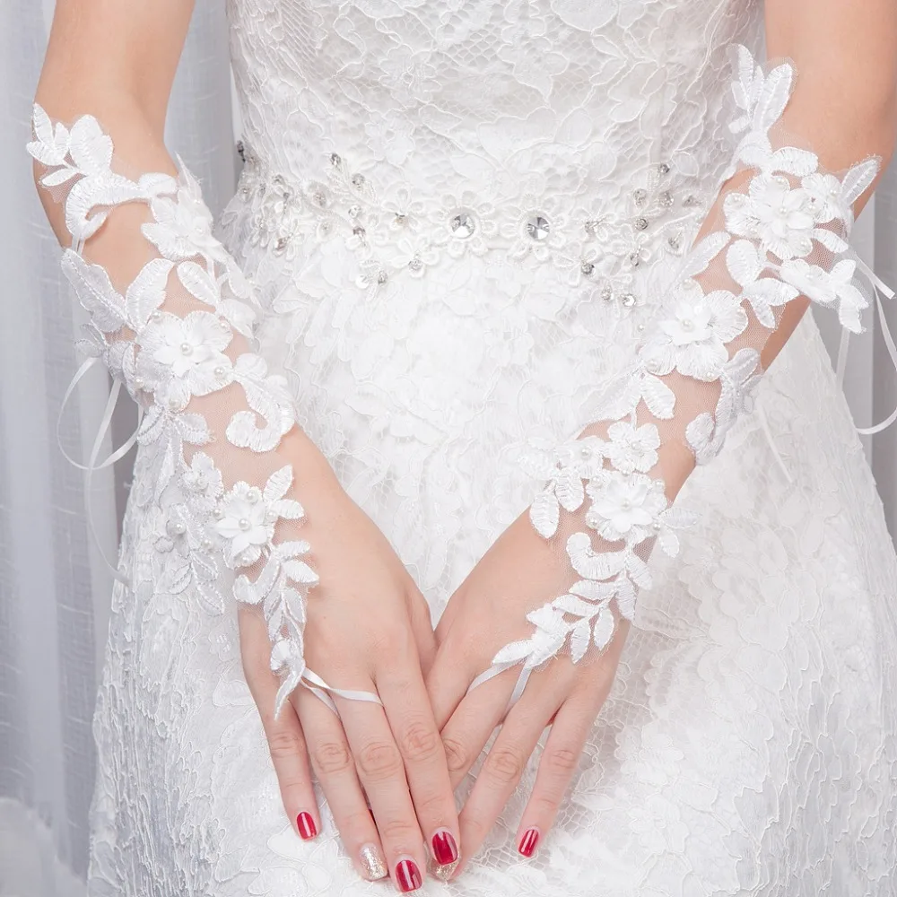 JaneVini-guantes de novia largos y delicados con perlas, 2018, sin dedos, con encaje floral, accesorios para boda