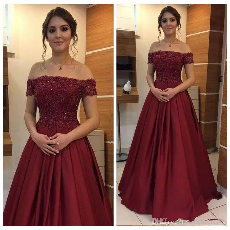 

2020 Burgundy Evening Dresses appliques lace prom gowns off the shoulder women pageant dress formal party dress robe soiree