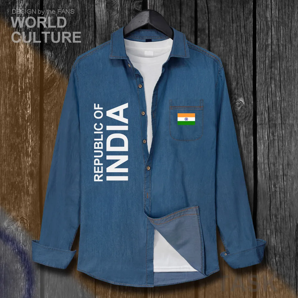 Republic of India IND Indian Men Flags Clothes Autumn Cotton Turn-down Collar Jeans Shirt Long Sleeve Cowboy Coat Fashion Tops