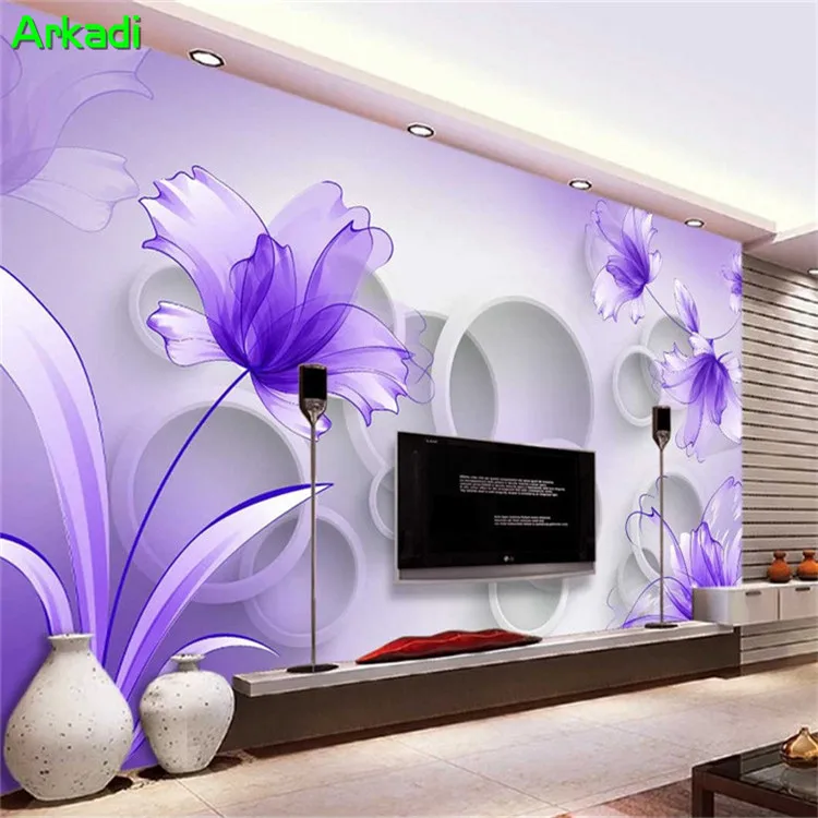 

Purple transparent flower 3D circle wallpaper 3d mural living room TV background wall art decoration print photo wallpaper