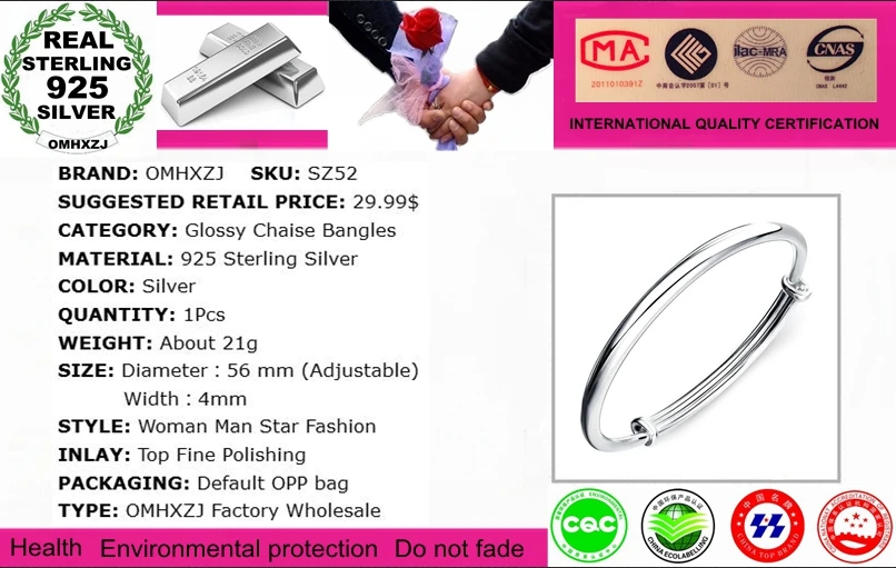 OMHXZJ Wholesale jewelry Round Glossy Chaise Woman Child Fashion Exquisite Bangles 925 Sterling Silver Bracelet Adjustable SZ52