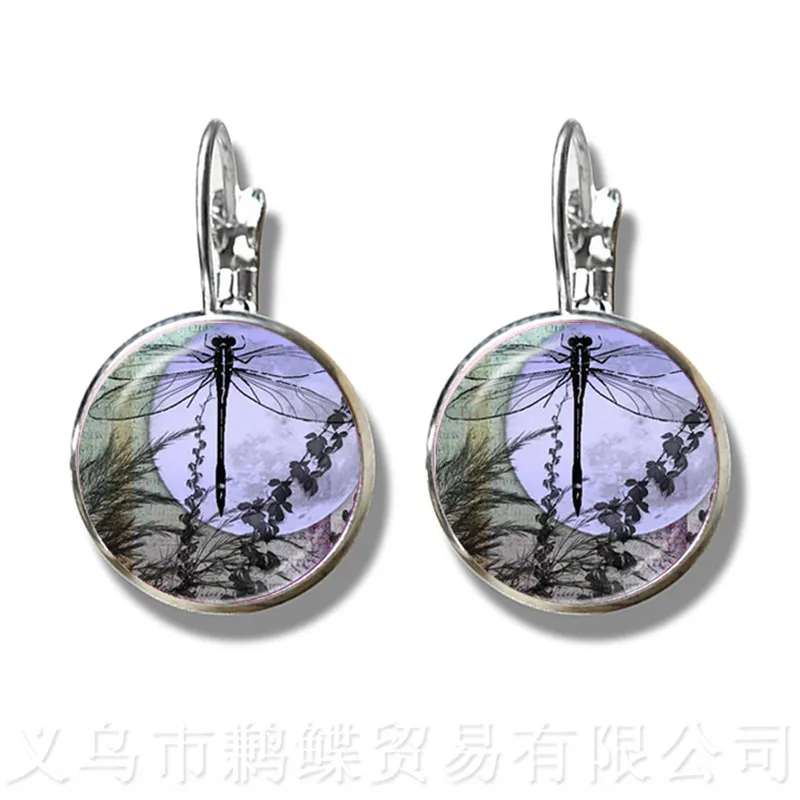 New Beautiful Purple Butterfly Earrings Art Picture 16mm Glass Cabochon Dome Silver Plated Stud Earrings For Women Creative