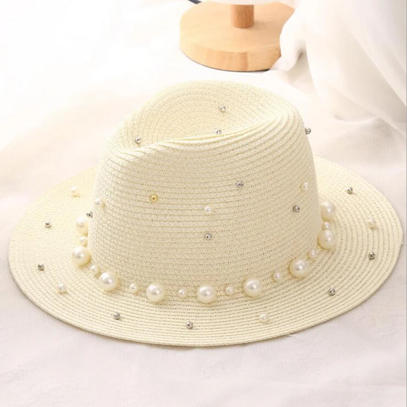 New Spring Summer Hats For Women Flower Beads Wide Brimmed Jazz Panama Hat Sun Visor Beach Hat Flower Pearl rivet Straw Hat