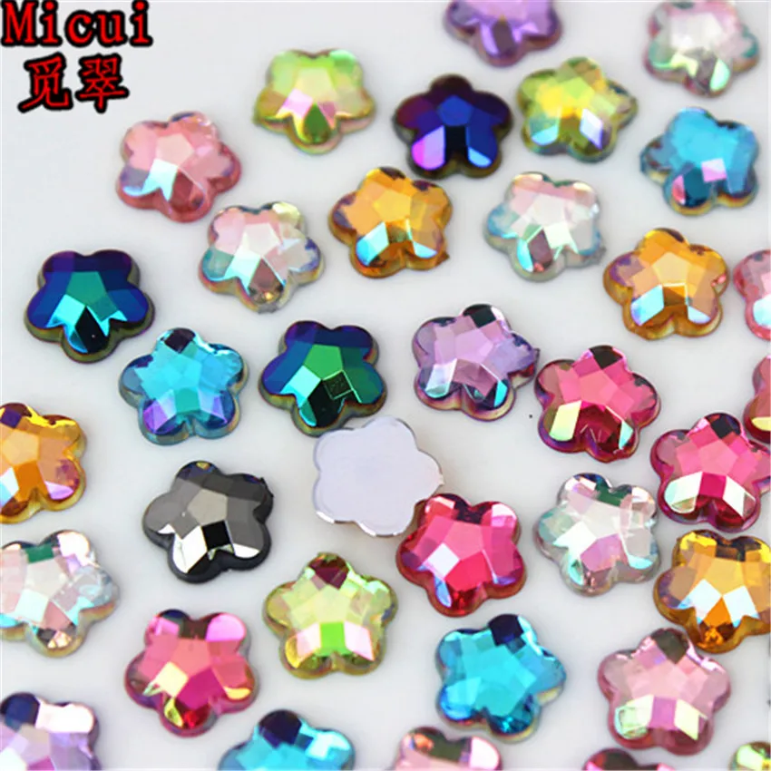 Micui 100pcs 8mm Flower Acrylic Rhinestone AB Crystal Stones Flat Back 3D Non HotFix Nail Art For Crafts Decorations MC361