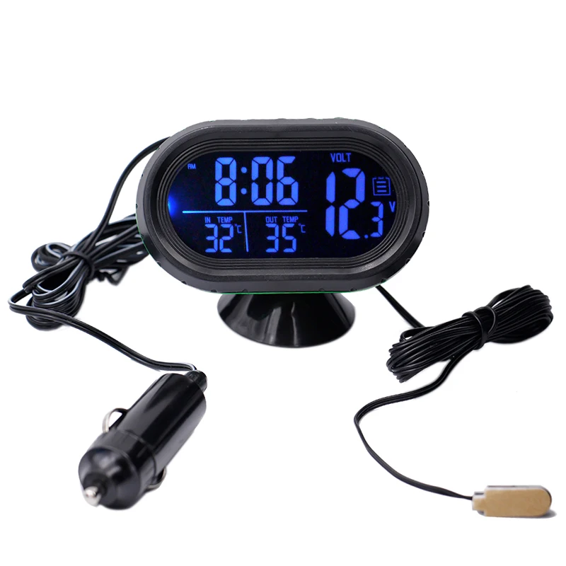 4 in 1 Digital Car Thermometer Voltmeter Clock Time Date Dual Temperature 12V / 24V Auto Voltage Meter Freeze Alert 30%OFF