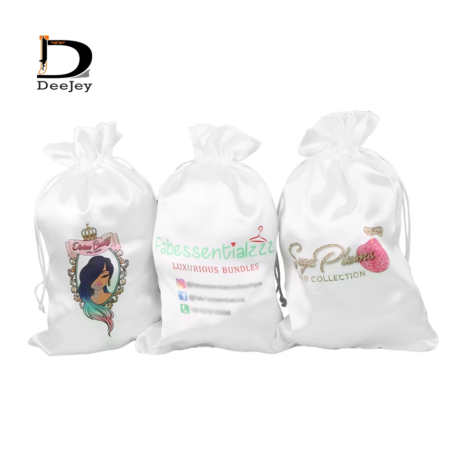 custom logo printed polyester satin silk bags 18x30cm drawstring hair bags packaging hair extension packaging bags 50pcs lot