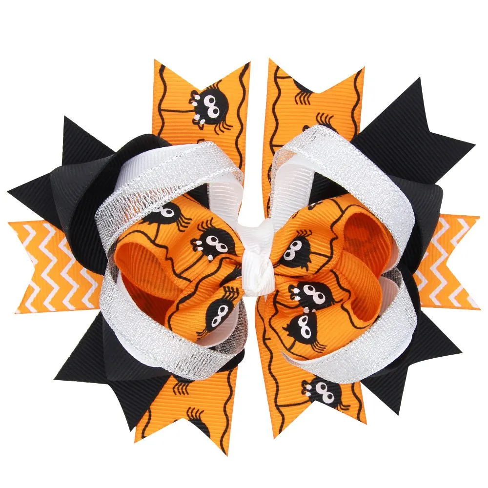 

Halloween Accessories Fashion Spider Pumpkin Printed Grosgrain Ribbon Hair Bows With Clip 3 Layers Swallow Tail