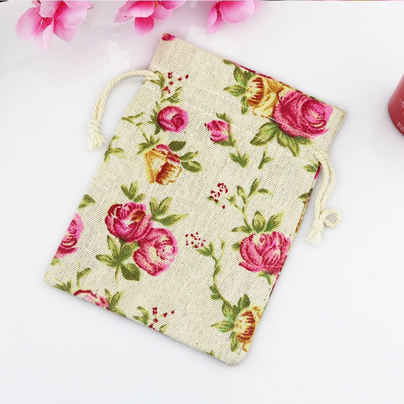 

Cotton Bag 10pcs/lot 10x14cm Rose Pattern Candy Gifts Jewelry Packaging Bag Cute Cotton Storage Pouch Drawstring Gift Bags