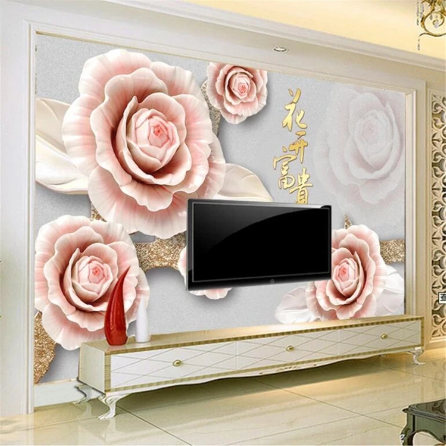 beibehang Custom wallpaper 3d mural embossed jade carving auspicious flowers open rich TV background wall paper papel de parede