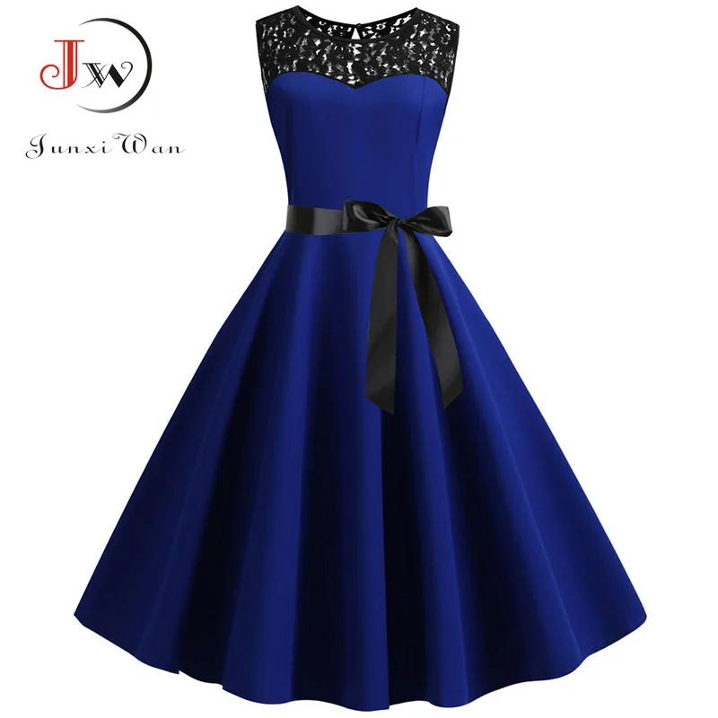 Blue Lace Patchwork Summer Dress Women Elegant Vintage Party Dress Casual Office Ladies Work Dress